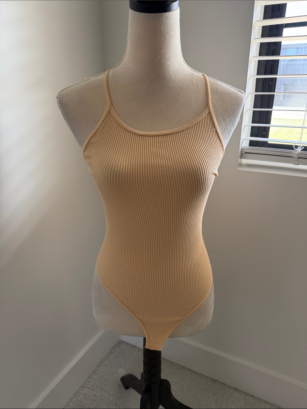 Mono B Ribbed Spaghetti-Strap Bodysuit in Tan